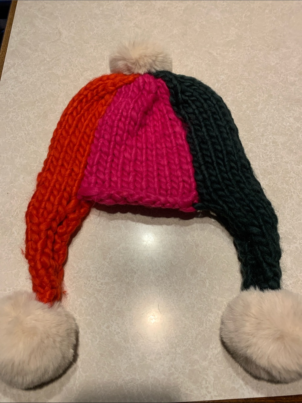 Mersea Colorblock Pom Pom Earflap Hat - Pink, Orange & Dark Green